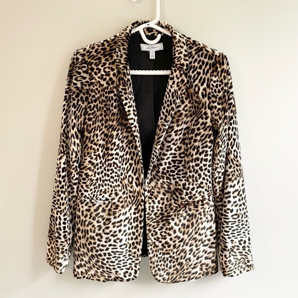 BROWN BLACK TAN LEOPARD VELOUR BLAZER POCKETS HOOK CLOSURE SMALL FITTED